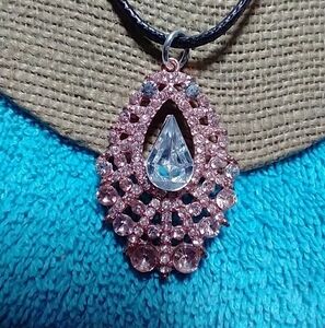 Copper tone pink and clear teardrop crystal necklace